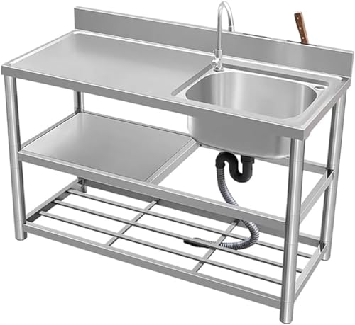 WAZHOU Free Standing Stainless Steel Utility Sink Kitchen Commercial Sink for Laundry Room with Backsplash, Strainer,Hot & Cold Water Faucet,5 Sizes Industrial Sink for Restraunt, Bar, Store