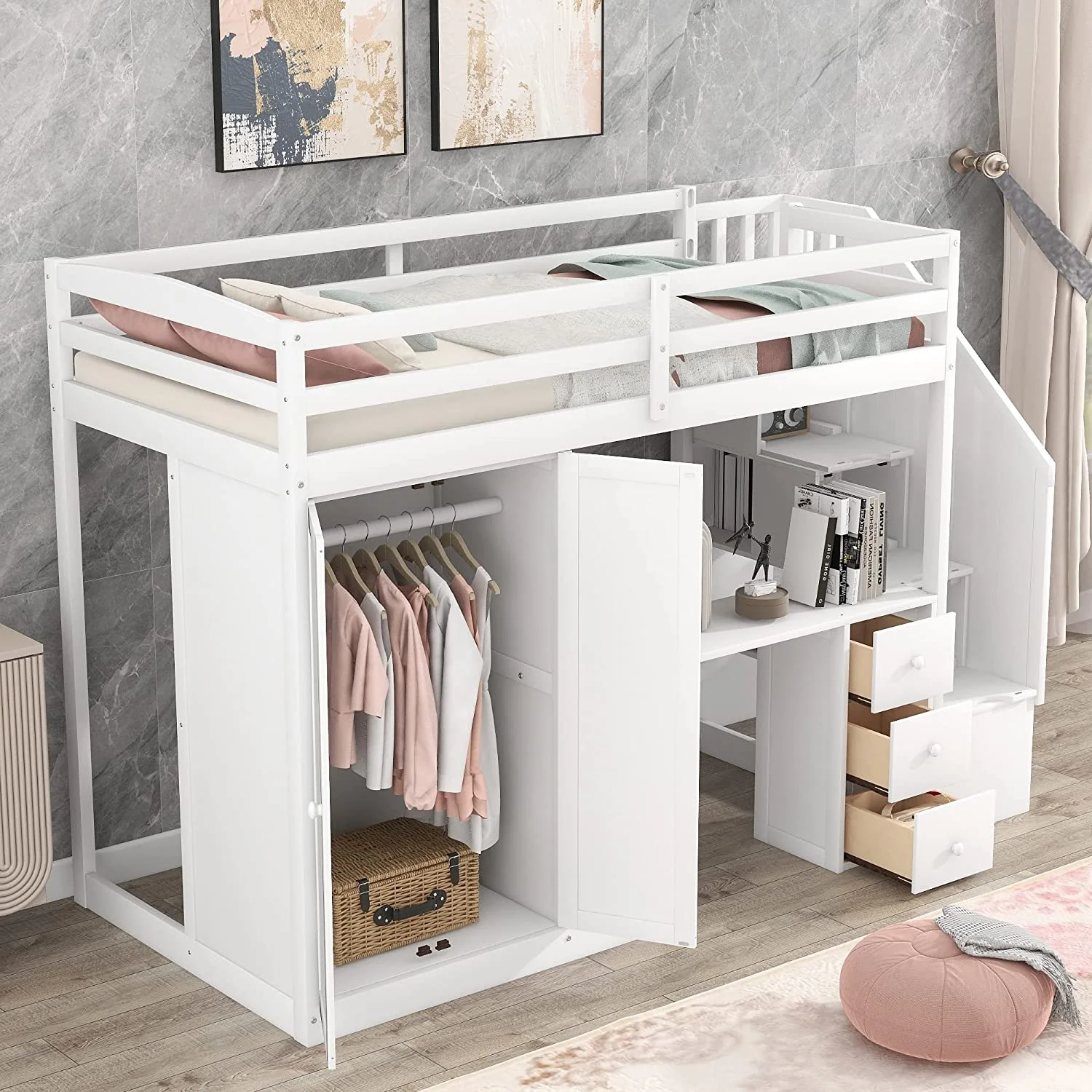 Loft Bed With Stairs And Wardrobe, Solid Wood Loft Bed Frame With Desk And Storage Drawers, Cabinet, For Kids Teens Adults ( Size, White)