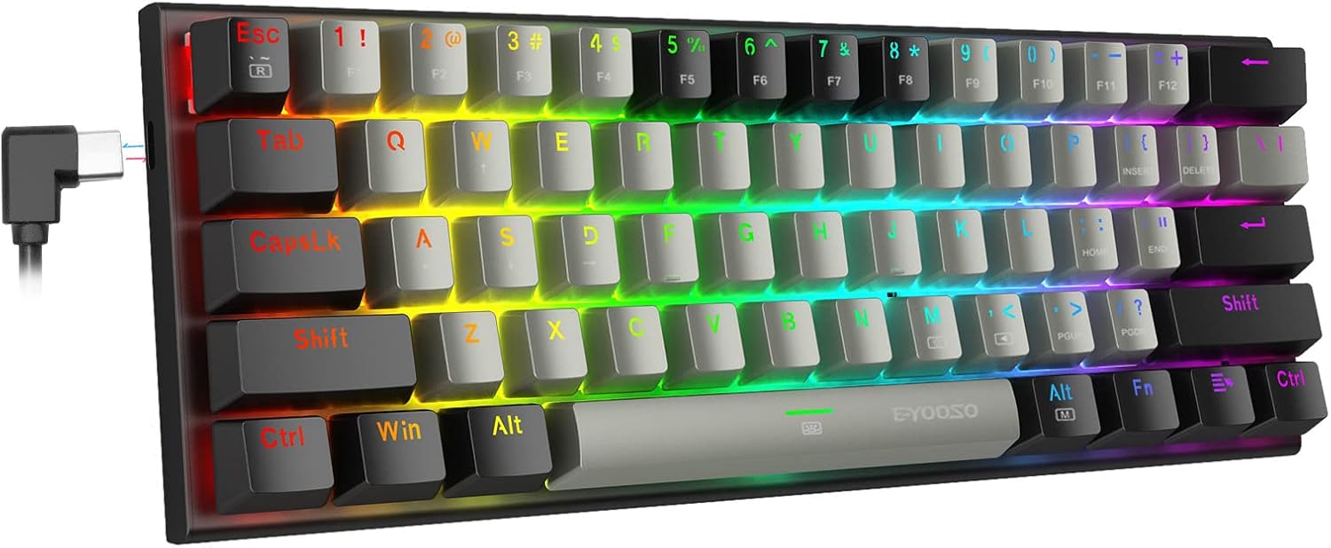 60% RGB Mechanical Keyboard, E-YOOSO Gaming Keyboard with Red Switches and RGB Backlit Small Compact Keyboard 60 Percent Keyboard Mechanical, Portable 60 Percent Gaming Keyboard Gamer(Grey Black)