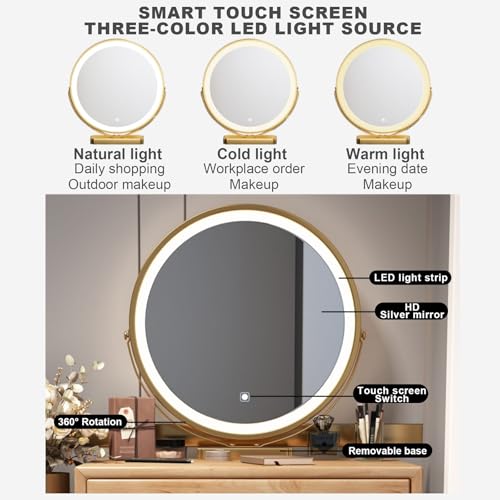 Wooden Makeup Desk for Bedroom Dressing Room Vanity Desk with Mirror and Lights 3 Lighting Color Adjustable Vanity with Drawers with Cushioned Stool for Women Girls Dressing Room.