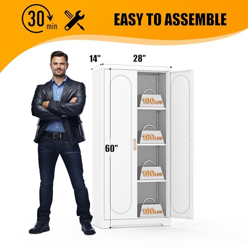 71" Tall Metal Storage Cabinet, Kitchen Pantry Storage Cabinets with Doors and 4 Shelves, White Pantry Cabinet, Utility Kitchen Cupboard, Large Steel Cabinets for Dining Room, Office, Living Room