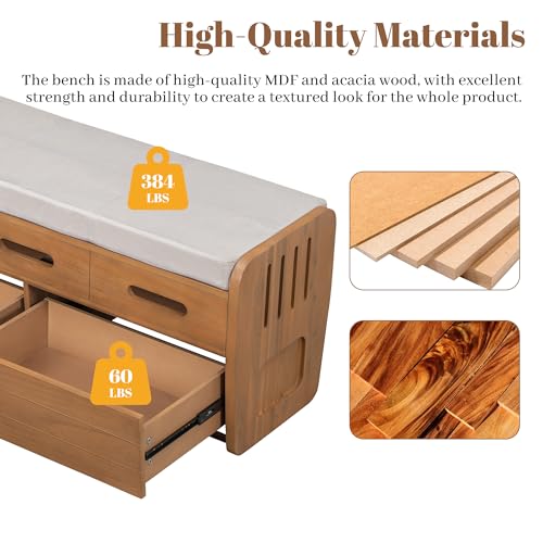 Rustic Storage Bench with 2 Drawers and Hidden Storage Space, Wooden Shoe Bench with Cushion and Striped Door Design for Living Room, Entryway, Hallway (White)