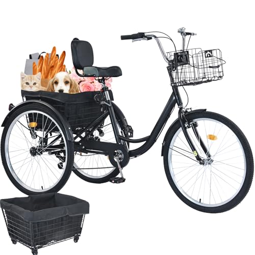 Upgraded Adult Tricycle, 7 Speed Tricycle for Adults with Front & Rear Baskets, 3 Wheel Bikes for Adults, Adult Tricycles for Women Men Seniors, Adult Trike, 26 inch Three Wheel Bikes