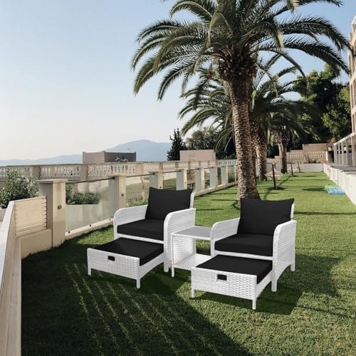 LEVELEVE Balcony Furniture 5 Piece Patio Conversation Set, PE Wicker Rattan Outdoor Lounge Chairs with Soft Cushions 2 Ottoman&Glass Table for Porch, Lawn-Brown Wicker
