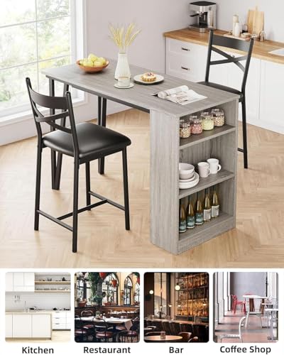 GAOMON 3 Piece Bar Table Set for 2, Bar Table and Chairs Set with with Flip Top Extension, Dining Table Set with Storage Shelves, Suitable for Small Space Kitchen Apartment, Grey