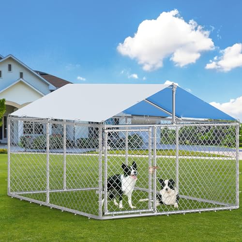 YITAHOME 14.8'x14.8' Large Outdoor Dog Kennel with Metal Dog Gate, Dog Pens Outside with Roof, Dog Fence Outdoor for Yard