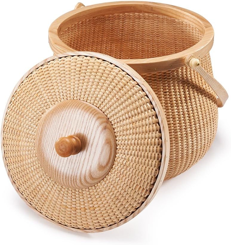 Teng Tian Natural ash wood and cane round Nantucket baskets with swing handle Removeable Lids Multi-purpose household storage box