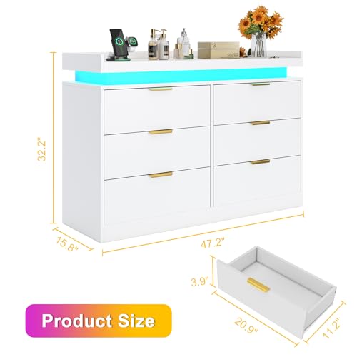 White Dresser with LED Lights, Wooden LED Dresser, 4 Drawer Chest with Charging Station, Tall Chest of Drawer Closet Organizer for Bedroom, Living Room, Entryway, Hallway
