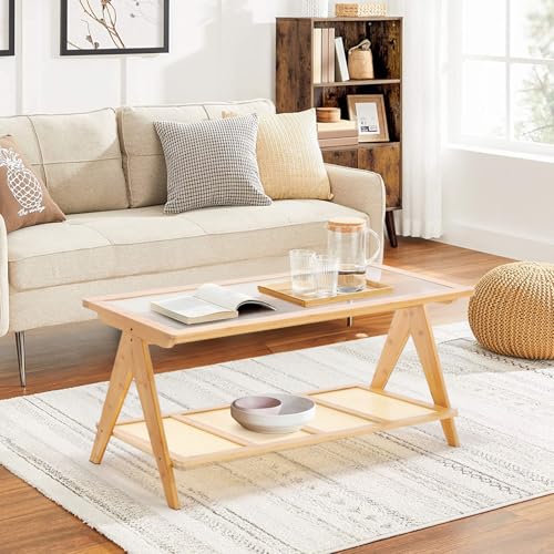 2-Tier Rattan Glass Coffee Table, Boho Bamboo Coffee Table with Glass Top & ABS Rattan Storage Shelf, Mid Century Modern Center Rectangle Coffee Table for Living Room, Small Space, Natural