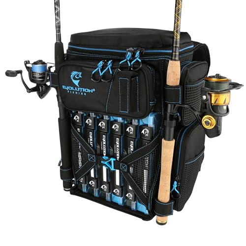 Evolution Fishing Drift Series Tackle Backpack – Seafoam, 3600 Size, Outdoor Rucksack w/ 6 Fishing Tackle Trays, Built In Rain Fly, Heavy Duty Fishing Backpack, Tackle Carrying Case