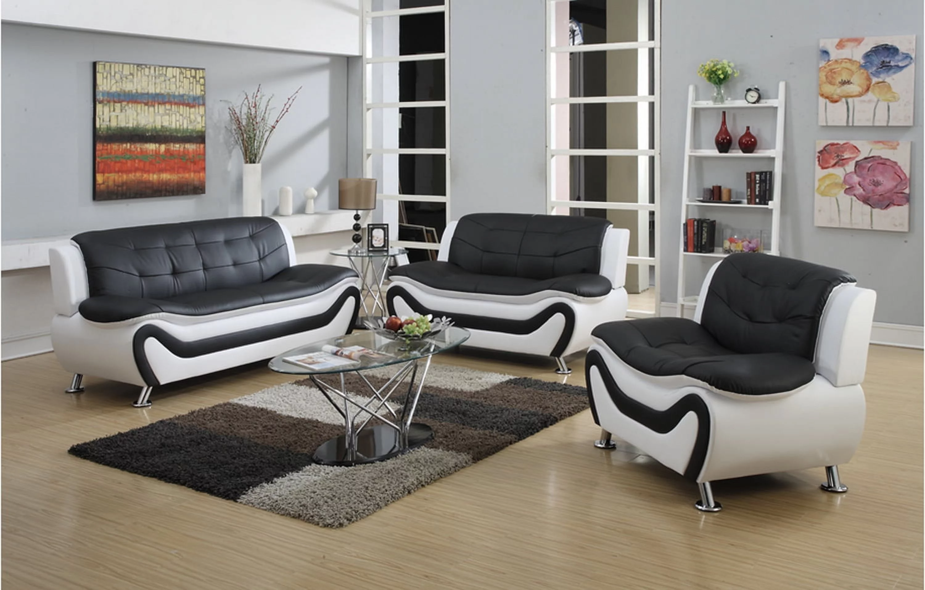 Frady 3 pc Black and White Faux Leather Modern Living Room Sofa set