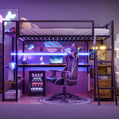 Full Size Loft Bed with Desk and Stairs,Metal Gaming Loft Bed Full with Wardrobe and Shelf, High Loft Bed with LED & USB Charging Station for Teens, Adults, Space Saving Design,Black