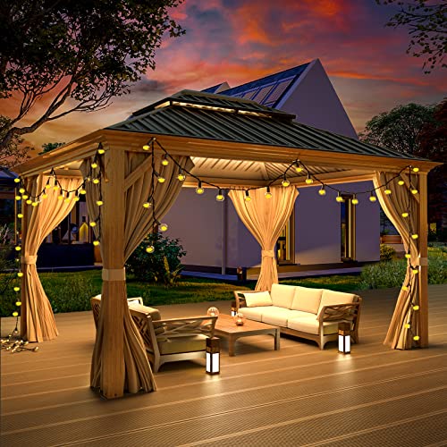 MELLCOM 12'x16' Hardtop Gazebo, Galvanized Steel Metal Double Roof Canopy with Curtains and Netting, Brown Permanent Pavilion Gazebos with Aluminum Frame for Garden, Patio, Lawns, Deck