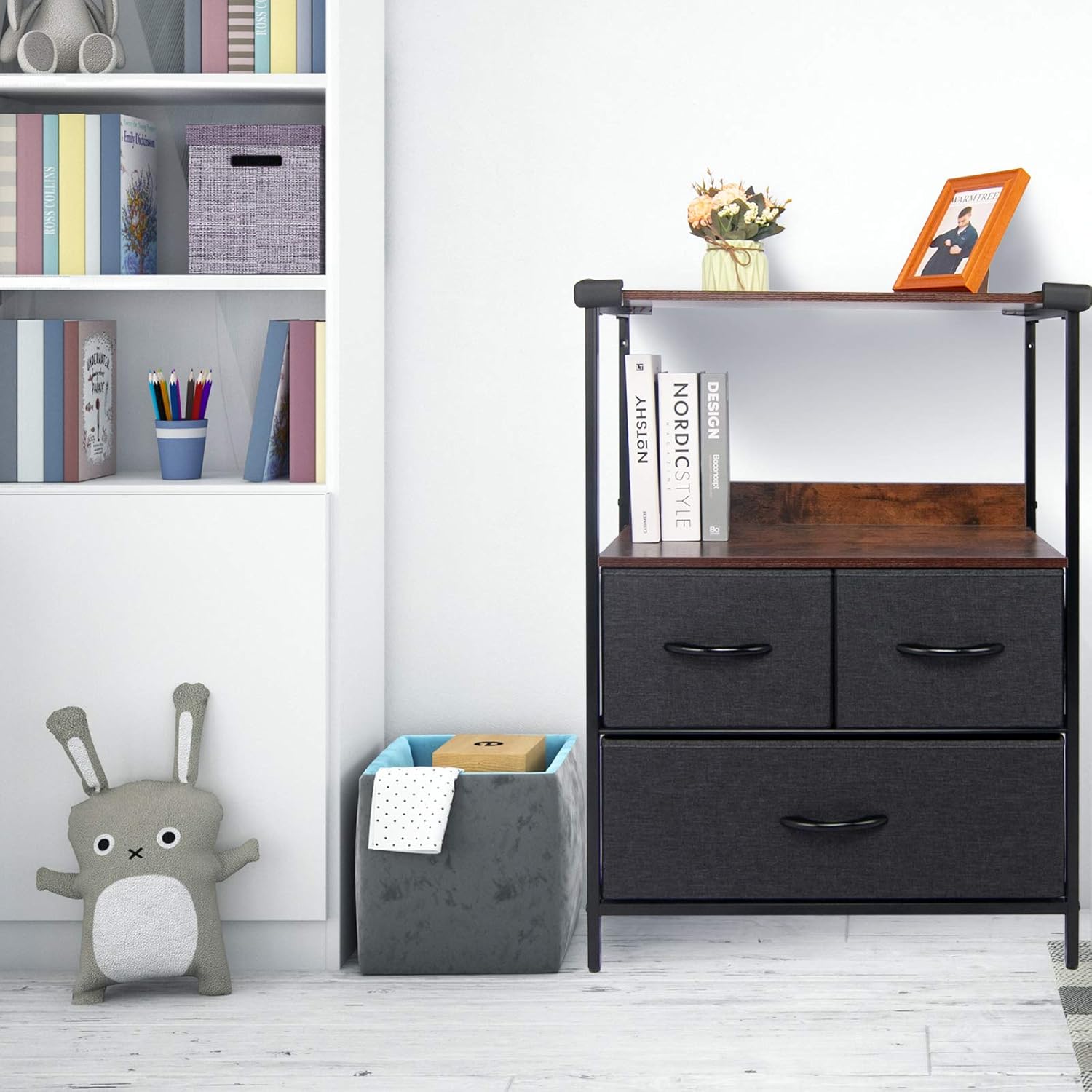 CONNOO Large Storage Dresser Unit, Wide Standing Fabric Dresser Room Organizer Cabinet for Bedroom, Hallway, Entryway, Closet, Nursery, 5 Removable Drawers Storage Tower, Wooden Top & Easy Pull Handle