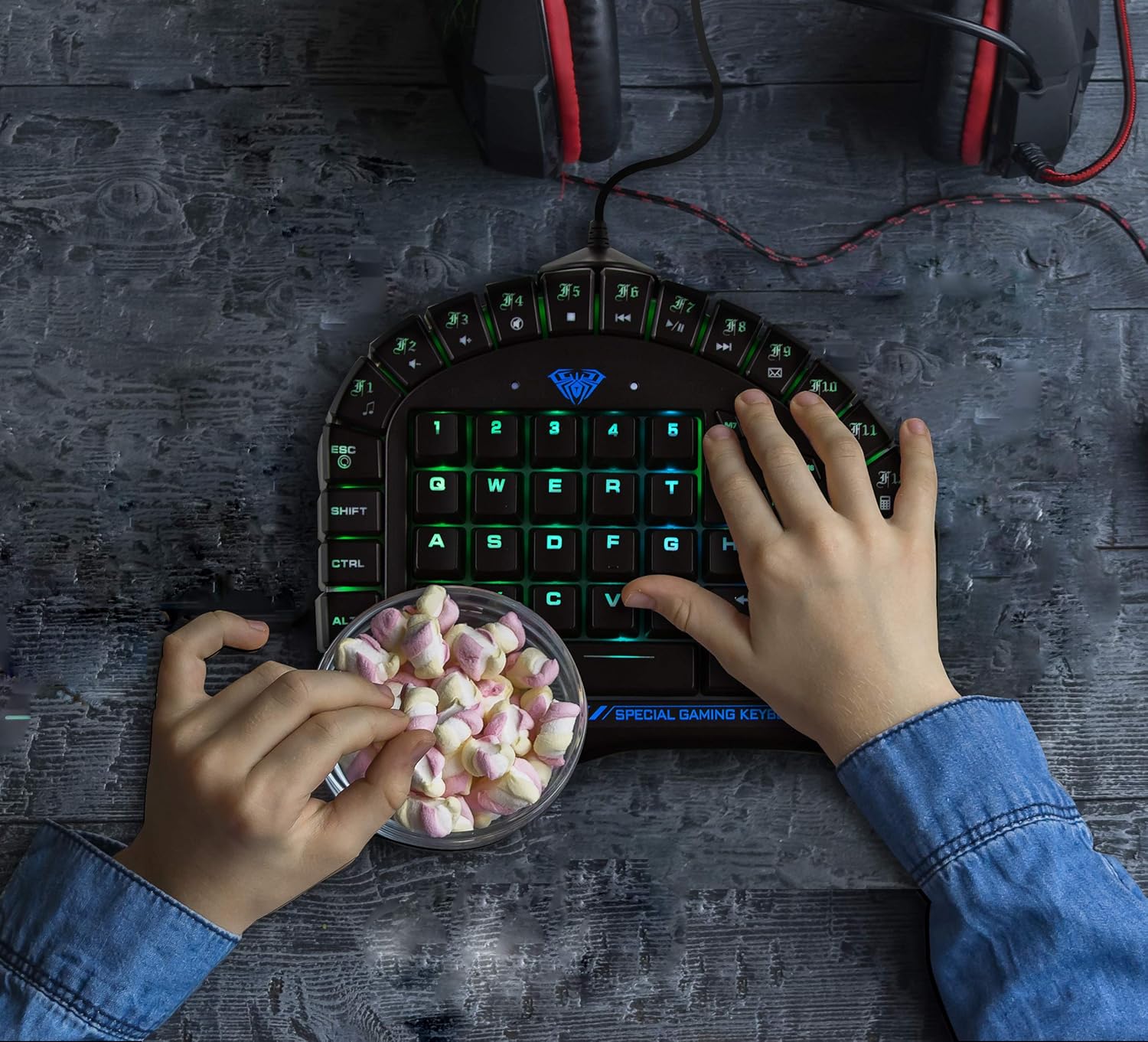 Beastron Aula Excalibur One Handed Mechanical Gaming Keyboard, Blue Switches, Software Customizable RGB Backlit Effects, 8 Programmable Macro Keys, and Removable Wrist Rest