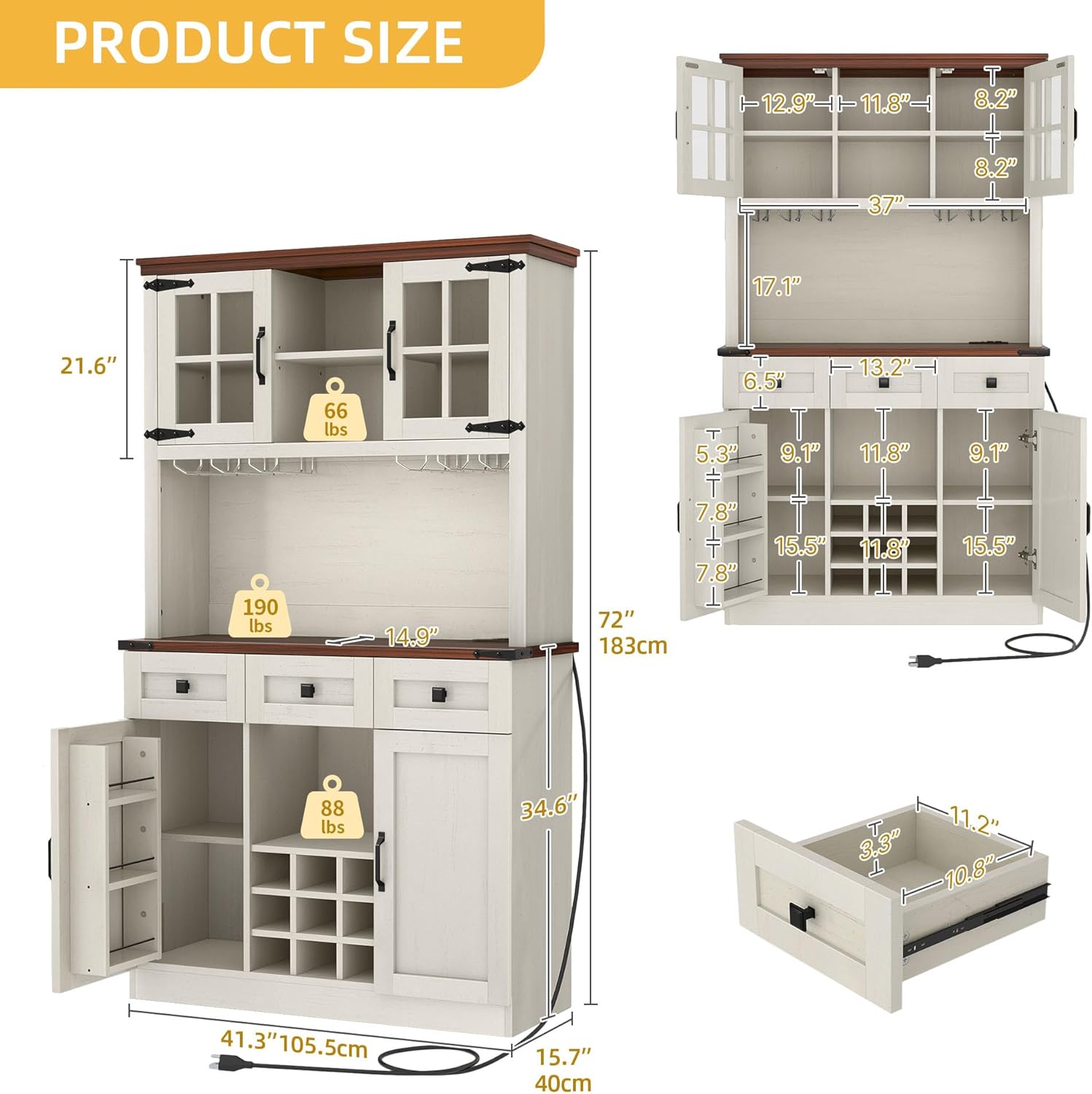 DWVO Coffee Bar Cabinet with Power Outlet/Lights, 72" Farmhouse Pantry Cabinet with Storage Shelves and 3 Drawers, Tall Liquor Cabinet Bar Cabinets for Home/Living Room, Antique White