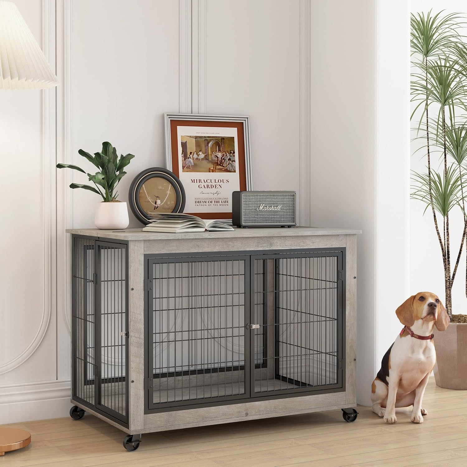 Dog Crate Furniture: Furniture Style Dog Crate Side Table on Wheels with Double Doors and Lift Top Dog Kennel Indoor for Small/Medium/Large Dog End Table Grey
