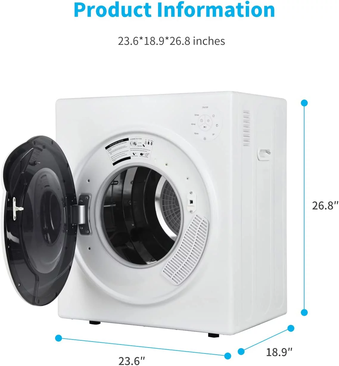 Muhub White Portable Dryer, 13lbs Portable Clothes Dryer with Stainless Steel Tub, 110V Power Compact Laundry Dryer, Control Panel Upside Easy Control for 4 Automatic Drying Mode