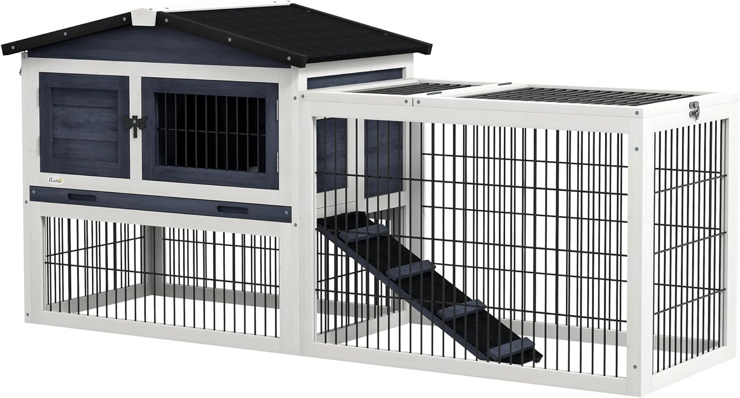 2 Levels Outdoor Rabbit Hutch with Openable Top, 59" Wooden Large Rabbit Cage with Run Weatherproof Roof, Removable Tray, Ramp, Dark Gray
