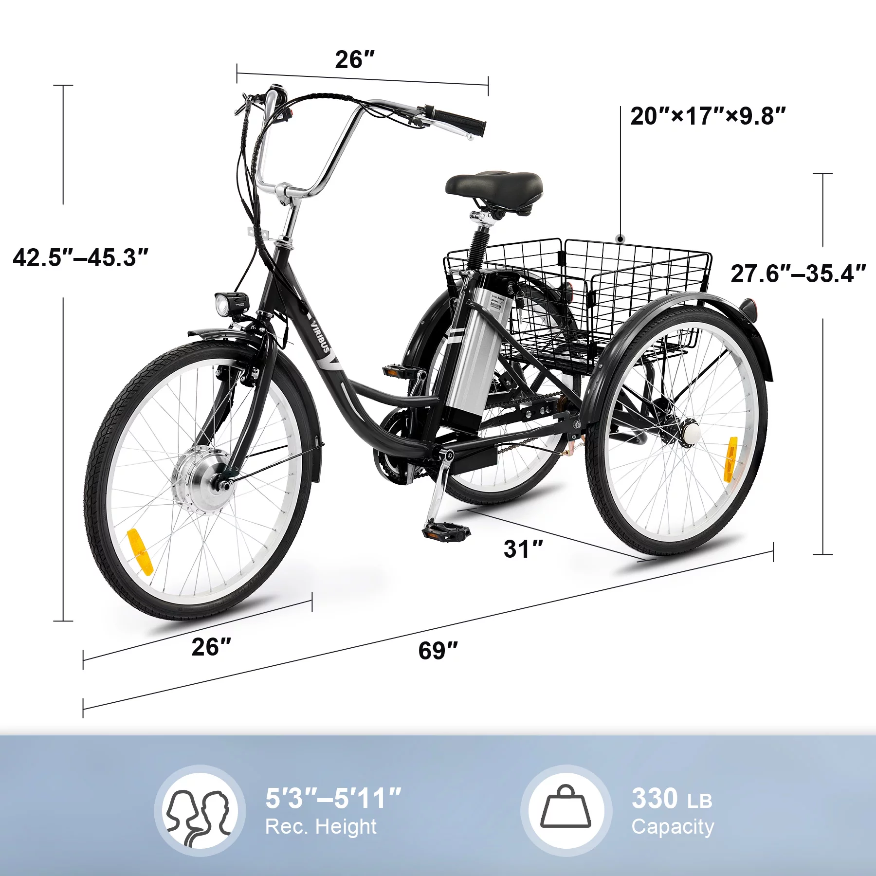 26" Electric Tricycle for Adults 3 Wheel Electric Bike 250W Electric Trike Black