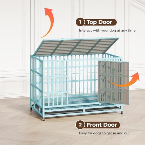 48 Inch Heavy Duty Indestructible Dog Crate Steel Escape Proof, Indoor Double Door High Anxiety Cage, Kennel with Wheels, Removable Tray, Extra Large XL XXL