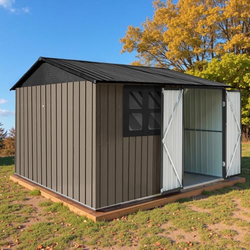 10' x 8' Large Outdoor Storage Shed, Sturdy Metal Building w/Windows & Lockable Doors for Garden, Backyard, Poolside and Lawn, Grey