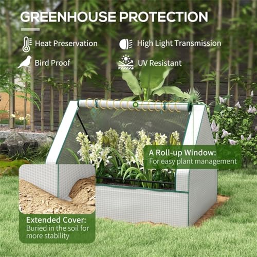 Mini Greenhouse - Garden Bed with Greenhouse Cover - Indoor Outdoor Pop Up Greenhouse with High Strength PE Cover and Roll-up Window - House Plant Protecting Plant from Sun, Rain, and Birds - White