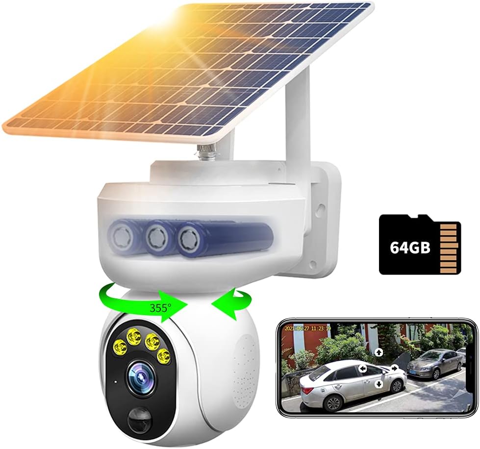 Wireless Solar Outdoor Home Security WiFi Camera PTZ Full Color Night Vision with Audio,PIR Motion Detection Alarm,64G SD Card,15000mAh Rechargeable Battery,IP65 Weather Proof,Siren,360 View