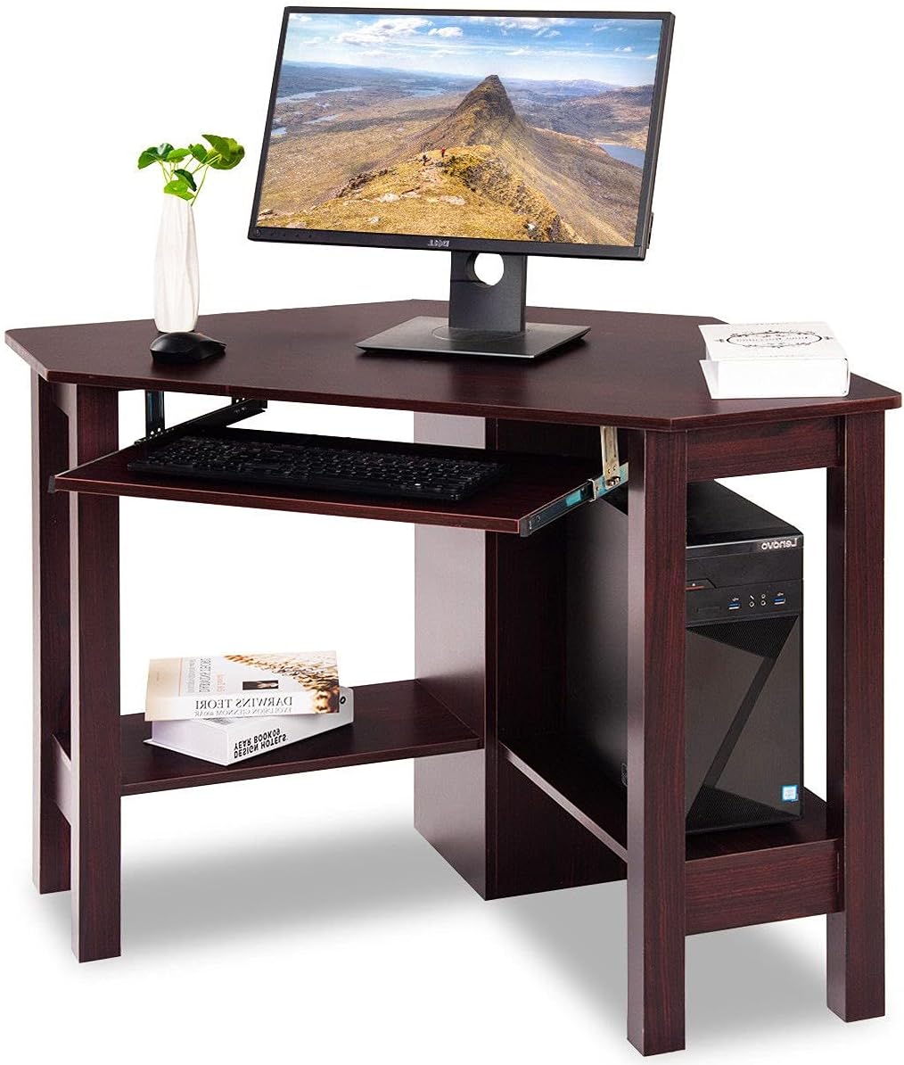 Brown Wooden Home Office Corner Student Modern Computer Desk Laptop Notebook PC Workstation Study Writing Reading Versatile Multifunctional Multipurpose Table Keyboard Shelf 2 Open Storage Space
