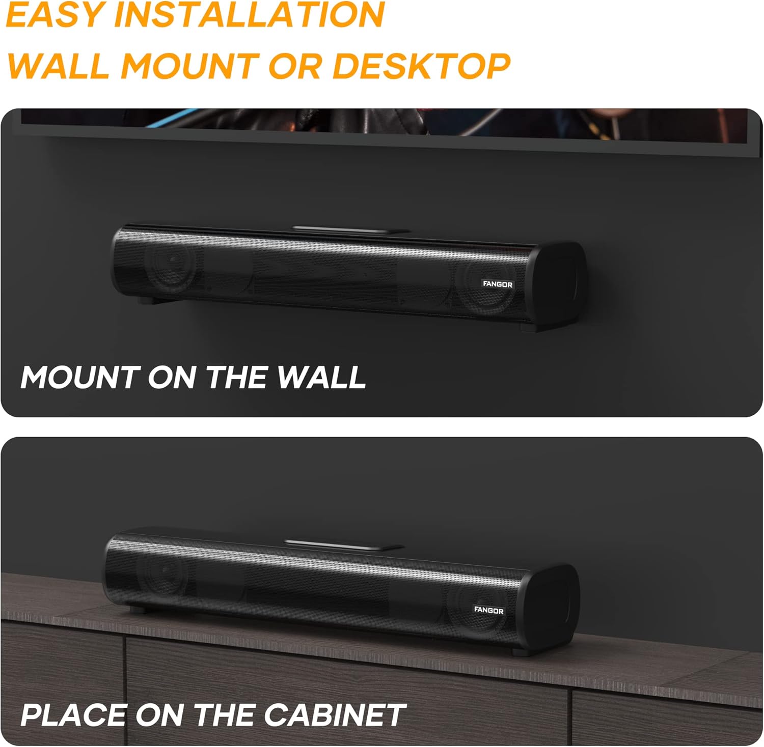 Sound Bar, FANGOR 60W 16-Inch Small Sound Bar for TV, Bluetooth 5.0 Speaker, 3 Equalizer Modes Audio, Bass Adjustable, Built-in DSP, Optical/HDMI/Aux/USB Connection for TV, PC, Projectors