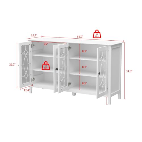 MOUMON Sideboard Storage Cabinet with Glass Doors and Adjustable Shelves, Credenza Sideboard Buffet with Wooden Legs, Buffet Table for Living Room Kitchen Black (53.9”W x 15.7”D x 31.8”H)