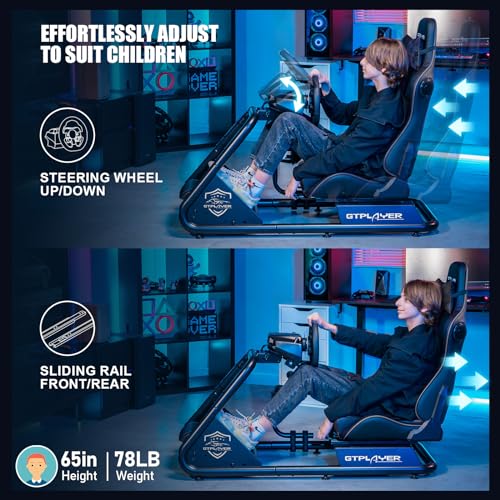 GTPLAYER Racing Simulator Cockpit with Seat and Bluetooth Speakers, Racing Style Reclining Seat and Ultra-Sturdy Alloy Steel Frame, A/B Box (Blue)