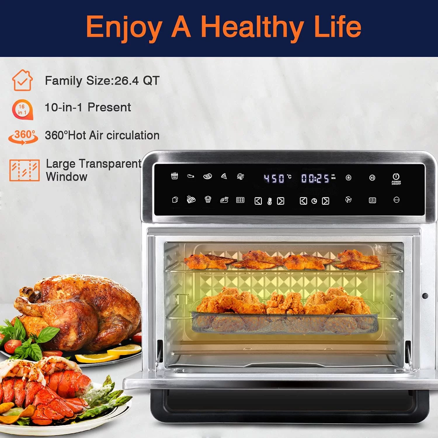 Oven Air Fryer, 26QT Extra Large Toaster Oven Air Fryer Combo With Rotisserie And Dehydrator, Digital Countertop Convection Oven Airfryer Fit 10" Pizza, 7 Accessories,1800W (Digital Countertop)
