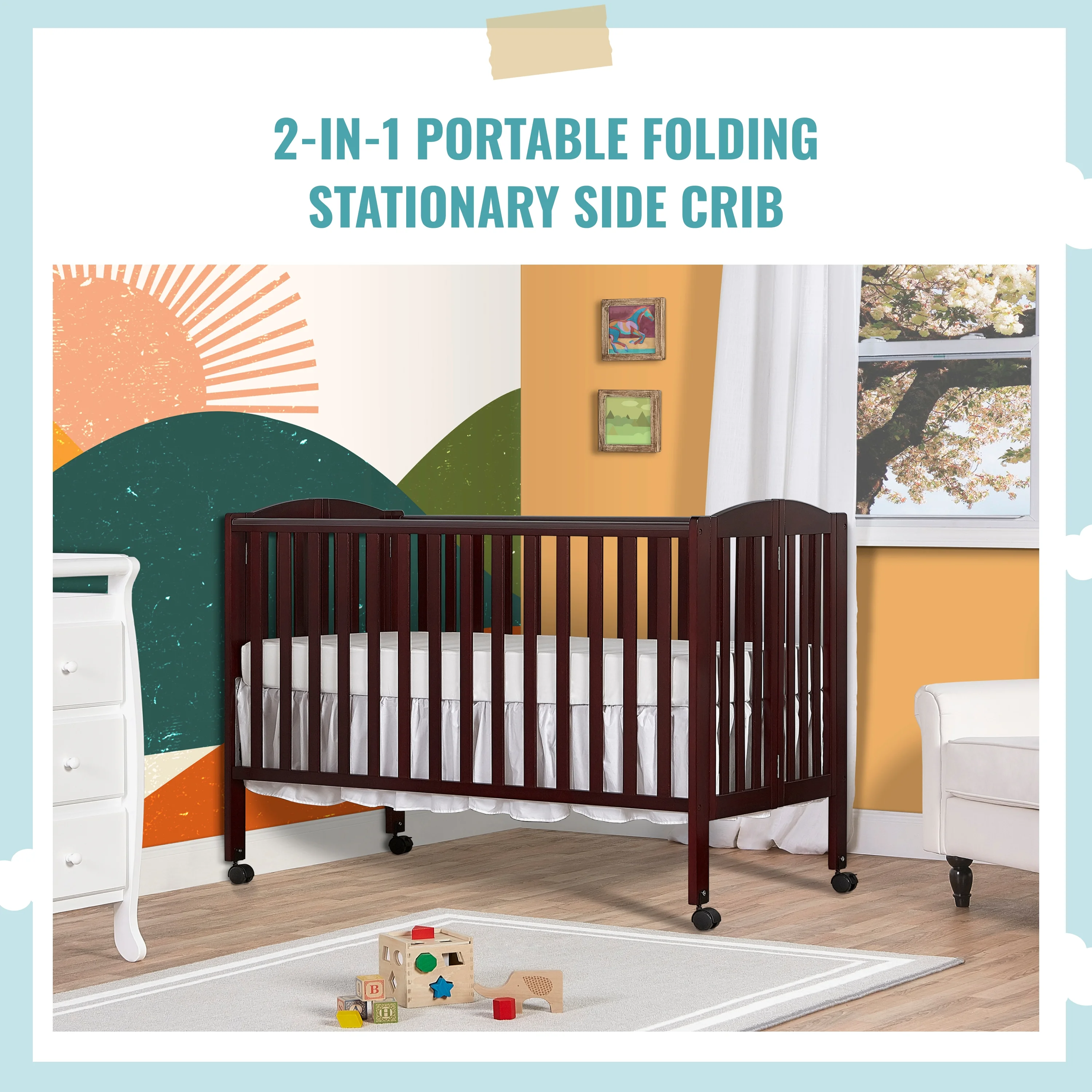 Dream On Me Full Size 2-in-1 Folding Stationary Side Crib, Locking Wheels, Espresso