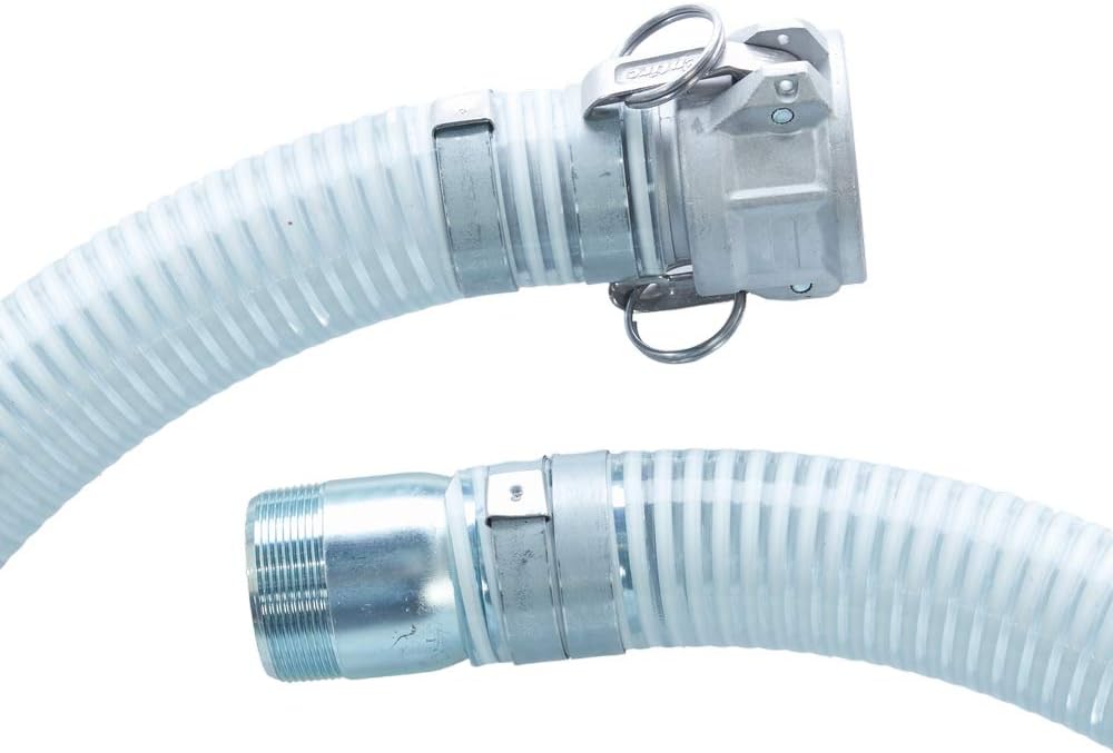 Suction Pump Water Hose with Pump Threads/Camlock - Made in the USA - White/Clear Trash Pump Hose - 2 x 20'