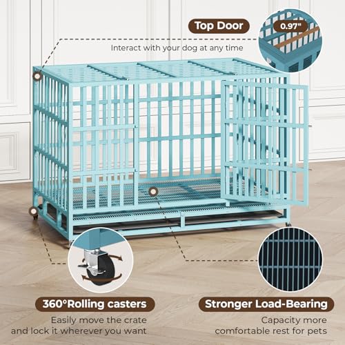 48 Inch Heavy Duty Indestructible Dog Crate Steel Escape Proof, Indoor Double Door High Anxiety Cage, Kennel with Wheels, Removable Tray, Extra Large XL XXL