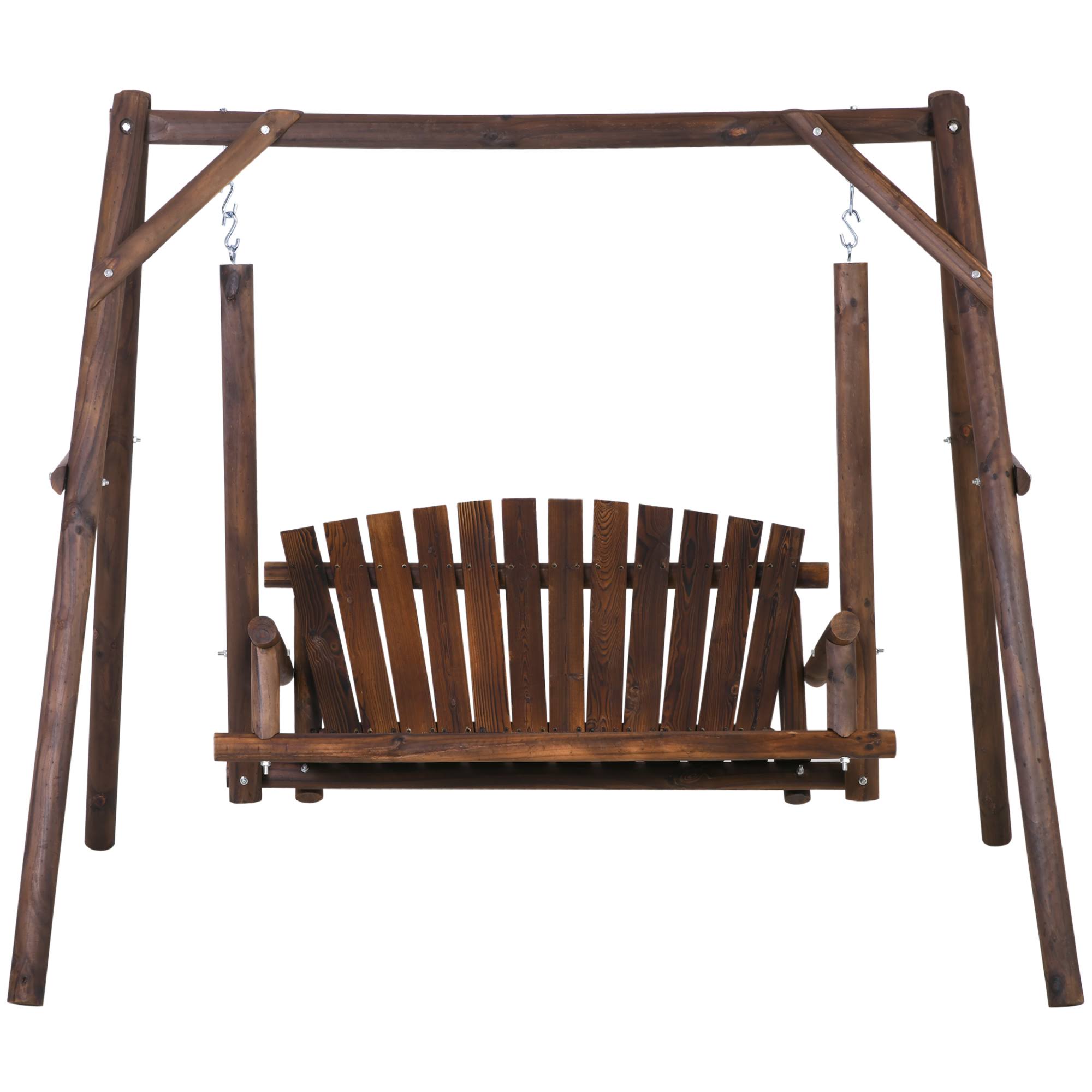 Outsunny 6.5& Outdoor Rustic Loveseat 2 Person Freestanding Solid Wood Natural Log Garden Swing - Carbonized