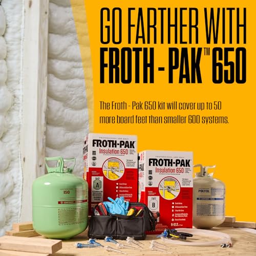 Froth-Pak 650 Spray Foam Insulation, 30 ft Hose. Low GWP Formula. Insulates Cavities, Penetrations & Gaps Up to 2" Thick. Yields Up to 650 Board ft. Two Component, Polyurethane, Closed Cell