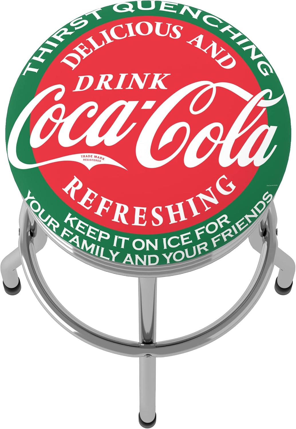 Bar Stool - Coca-Cola Ice Cold Bottle Stool with Retro Chrome Ribbed Side - Swivel Chair for Game Room, Garage, or Home Bar by Trademark Gameroom