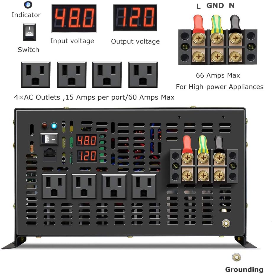 Reliable 8000W Continuous Power Heavy Duty Pure Sine Wave Power Inverter DC 48V to AC 120V with 4 AC Outlets Remote Control 66A Hardwire Terminal and LED Display for RV Car Solar System Emergency
