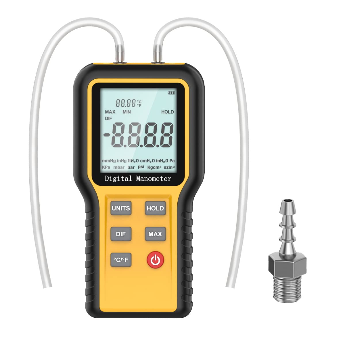 Digital Manometer Gas Pressure Tester, Manometer HVAC Tools with 12 Selectable Units, Gas Pressure Test Kit, Dual Port Differential Pressure Meter, Digital Air Pressure Gauge with Large LCD Screen Pack of 2