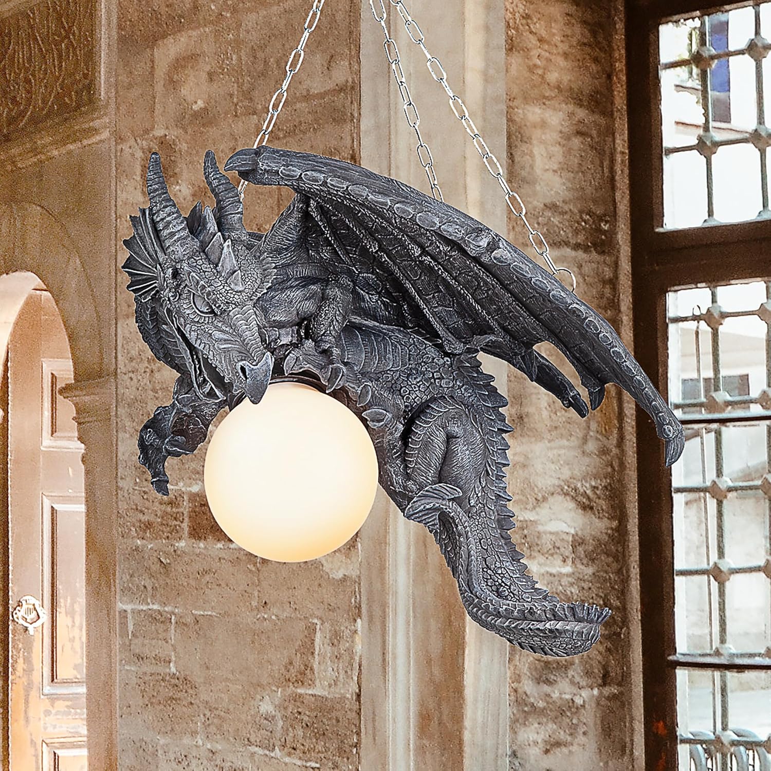 Design Toscano Nights Fury Dragon Gothic Decor Hanging Light Fixture, 21 Inch, Greystone