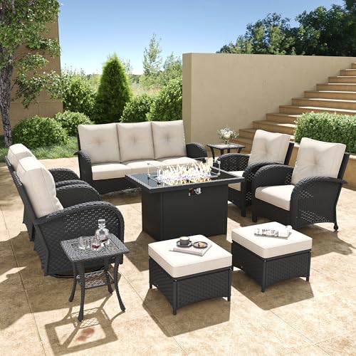 5 Pieces Wicker Patio Furniture Set, Luxury Outdoor Conversation Set with High Back Swivel Rocker Chairs