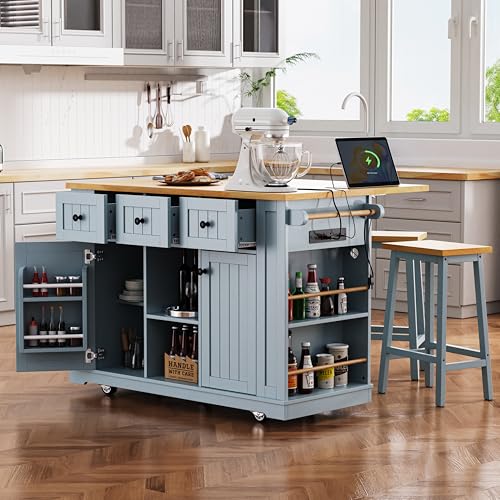 53" Rolling Large Kitchen Island Set with Power Outlet,Mobile Carts with Storage Cabinet,Extra Drop Leaf,3 Drawers and 5 Open Side Racks,Wood Table for Dining Room (Island & Stools)