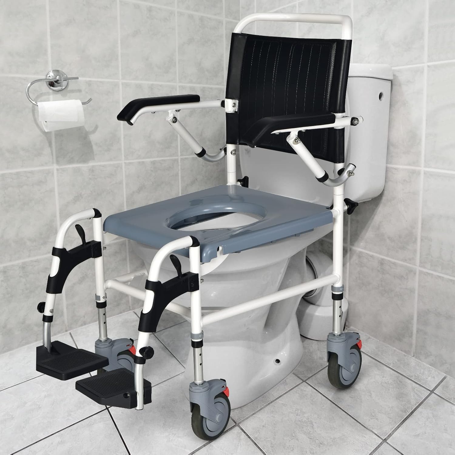 Giantex 4-in-1 Bedside Commode Shower Wheelchair, Commode chair for Toilet with Arms, 4 Lockable Wheels, Detachable Bucket, Height Adjustable & Flip-up Footrest, Padded Mobile Toilet Chair