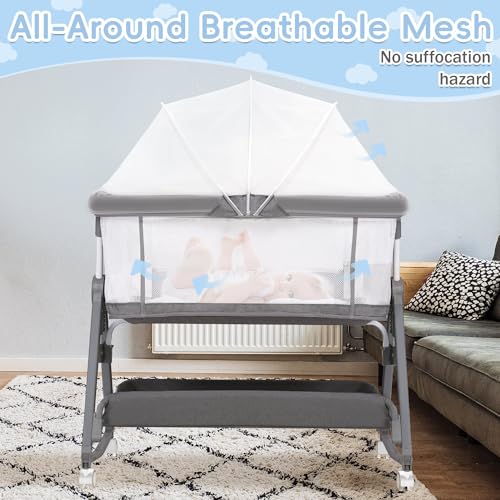 Bedside Bassinet for Baby, 3 in 1 Baby Bassinet Bedside Sleeper, Height Adjustable Bedside Crib, Rocking Bassinet with Wheels, Storage, Mattress, Mosquito Net, Newborn Portable Bassinet