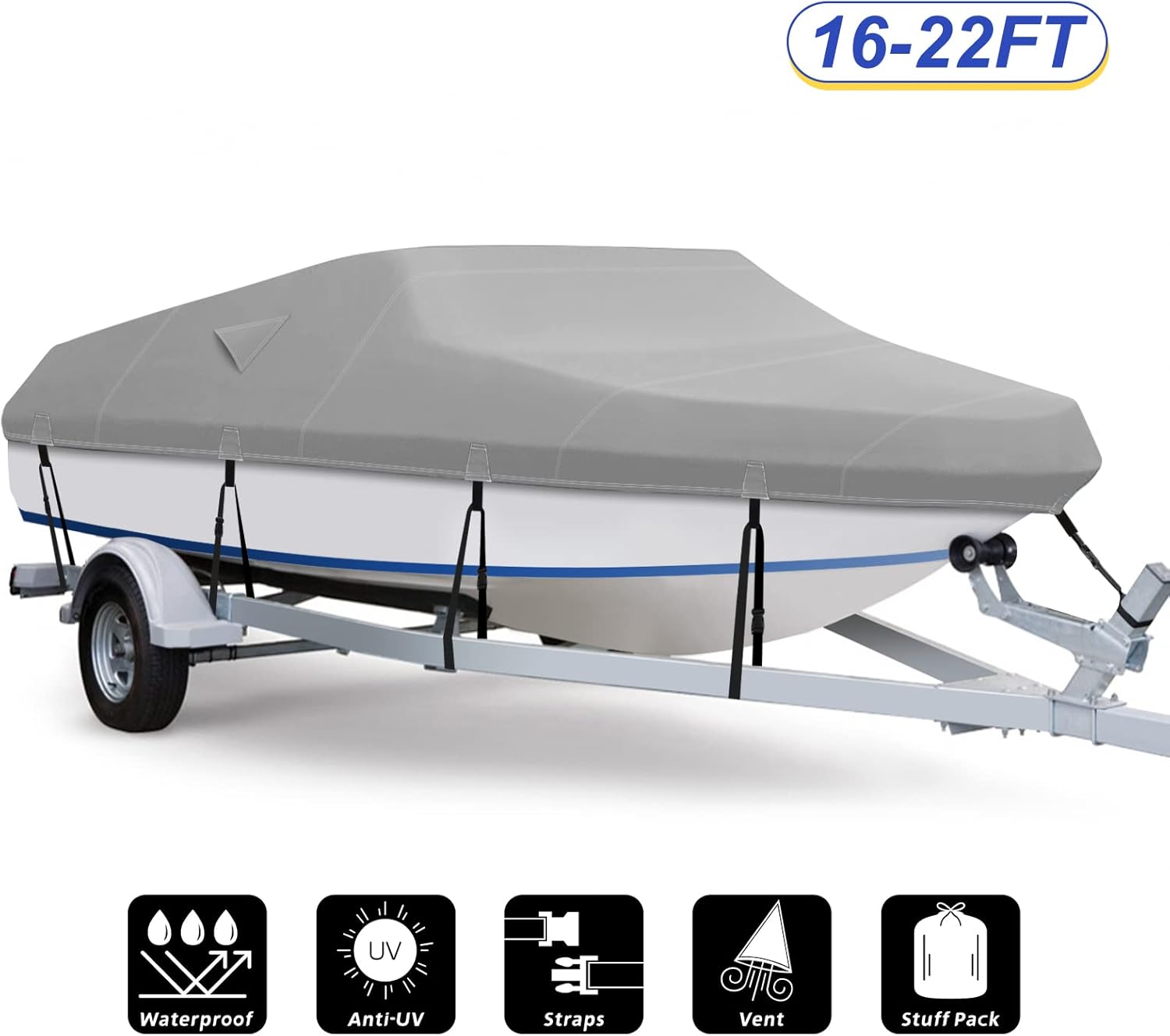 Fuprosico Boat Cover, 600D Waterproof Boat Cover 17 18 19 ft Foot Fits Bass Boat,V-Hull Tri-Hull ,Runabout Bowrider ,Fish and Ski Boat 17'-19' ,Heavy Duty Canvas, Double Rear Air Vents,Gray
