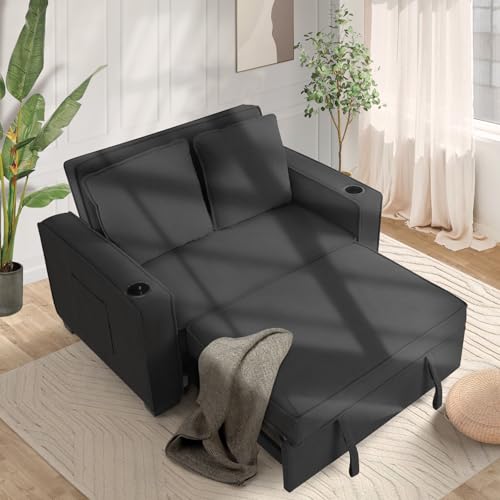 52" Convertible Sofa Bed, 3-in-1 Sleeper Sofa Pull-Out Bed, Multi-Functional Corduroy Futon Couch with Adjustable Backrest and Cup Holders, Loveseat Sofa for Small Space, Living Room, Black