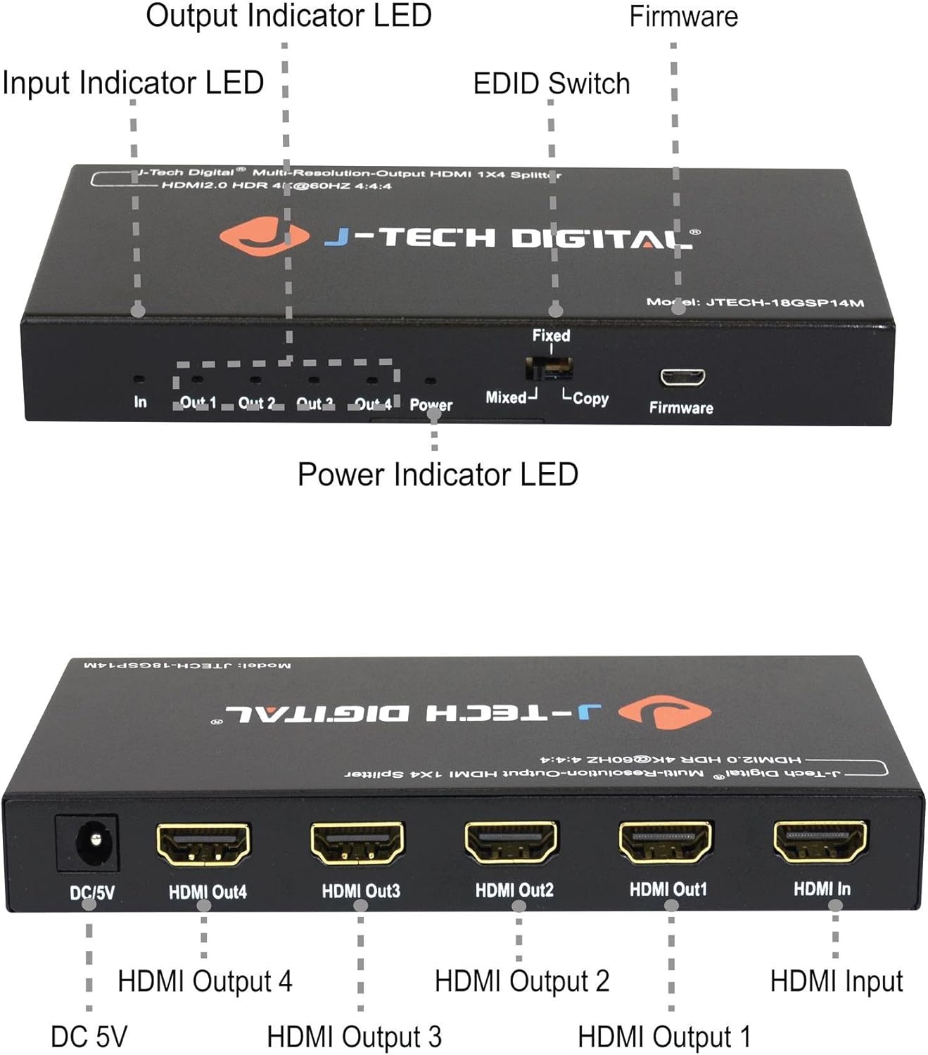 J-Tech Digital Scaler/Multi-Resolution Output (MRO) 18GBps 1x8 HDMI 2.0 Splitter HDR10/Dolby Vision 4K@60Hz 4:4:4 [JTECH-18GSP18M]