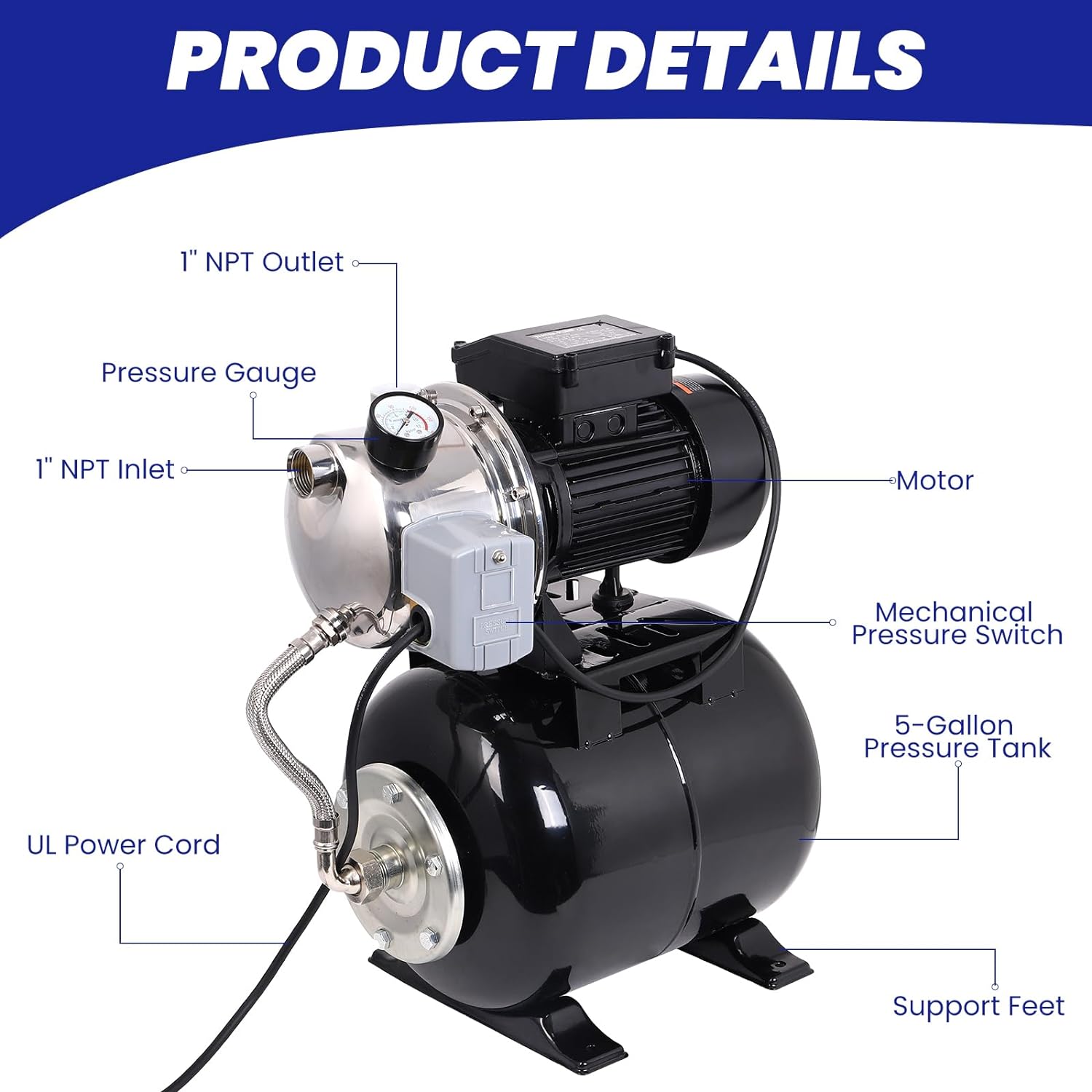 1.6HP Shallow Well Pump with Pressure Tank, 1340GPH Stainless Steel Irrigation Pump, 115V Automatic Water Booster Jet Pump for Home, Garden, Farm, Lawn Sprinkler Systems